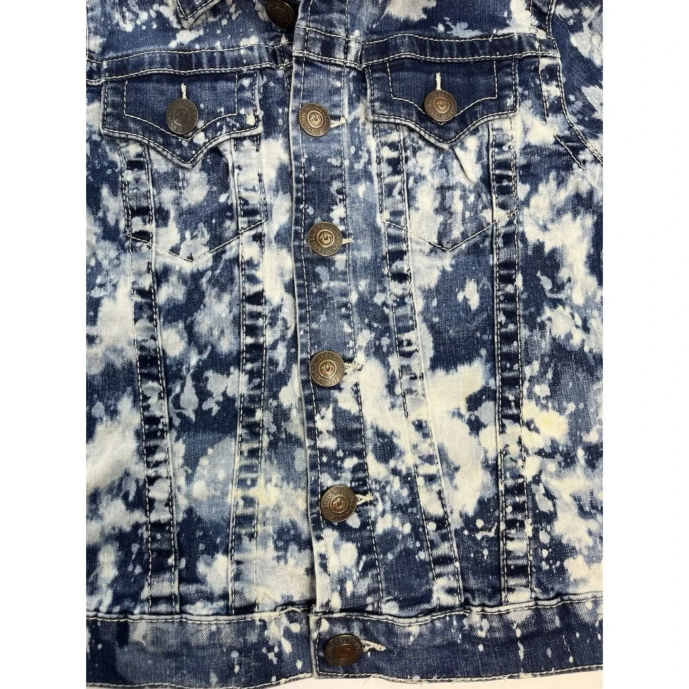 True Religion Denim Jean Jacket Youth Medium Distressed Acid Wash Blue White